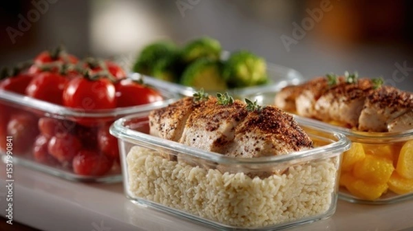 Fototapeta Healthy meal prep with grilled chicken rice and assorted vegetables arranged in containers