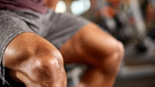 Fototapeta Close up of a persons knee during intense workout at gym showing muscular definition and focus