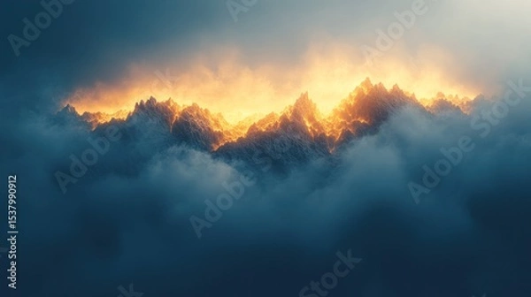 Fototapeta Majestic sunrise over jagged mountain peaks enveloped in misty clouds
