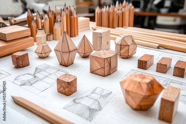 Obraz Geometric shapes sketch process, wooden blocks and pencil drawings