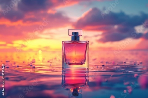 Obraz Floating perfume bottle at sunset with vibrant gradient colors