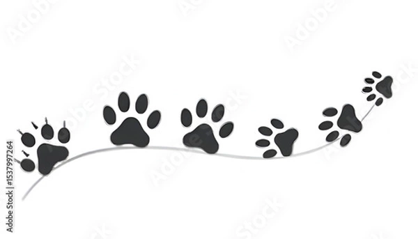Fototapeta Vector Paw Prints of Varying Sizes in Curved Zig-Zag Path – Playful Black Line Art Design for Pet Branding, Animal Care Graphics, and Veterinary Clinic Materials