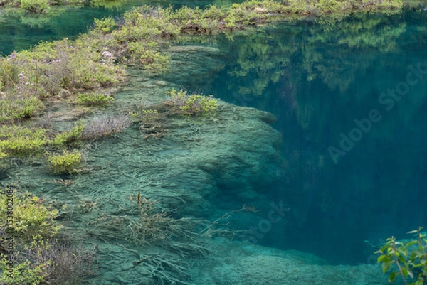 Fototapeta jiuzhaigou, China: The clear water of the Mirror lake in the Jiuzhaigou scenic area in the mountain of Sichuan in China