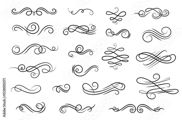 Obraz Decorative black swirls and flourishes in various designs on a white background, various loops, curls, and waves, creating an elegant and ornamental effect.