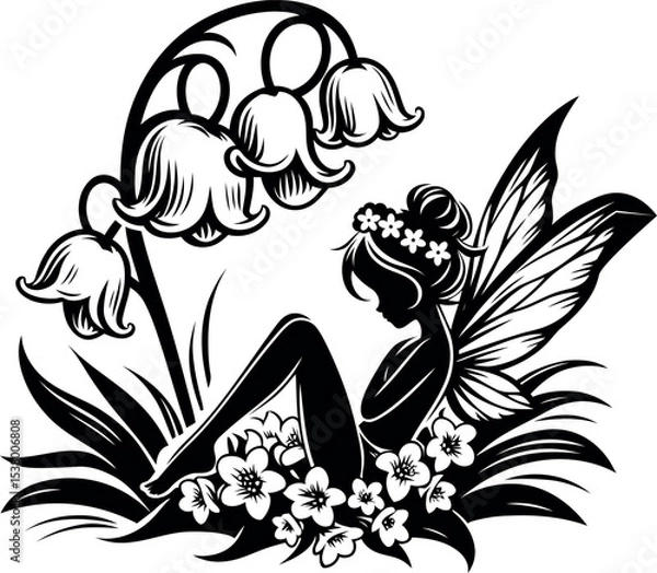 Obraz Tiny fairy resting calmly beneath a fragrant Lily of the Valley bell blossom
