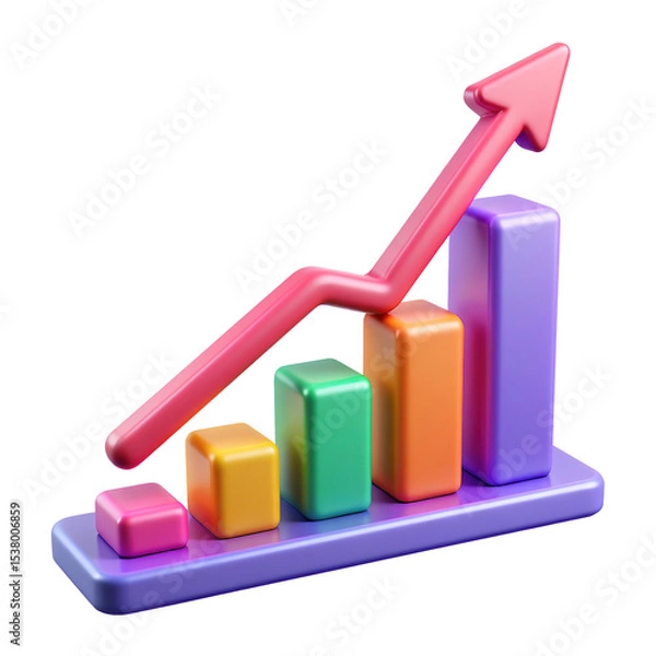 Obraz Bar graph icon with an upward arrow in vibrant neon holographic style. Isolated plastic 3D icon.