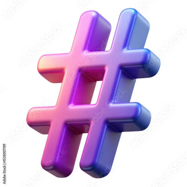 Obraz Hashtag symbol 3D icon in vibrant neon holographic style. Isolated plastic 3D icon.