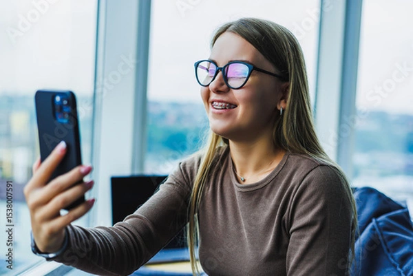 Fototapeta A young woman is on a lively video call in a modern workspace, smiling while using her smartphone. She radiates cheerfulness and professionalism as she connects with friends or colleagues