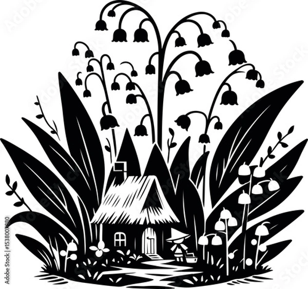 Obraz Secret tiny elf village lives peacefully among the fresh green stems of Lily of the Valley