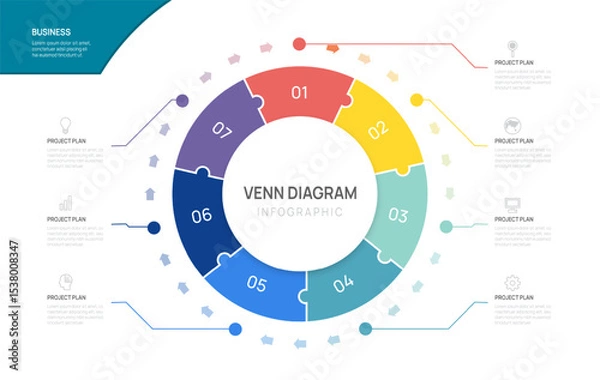 Fototapeta Venn diagram infographic circle jigsaw arrow chart template for business start up presentation with venn diagram elements vector illustration.