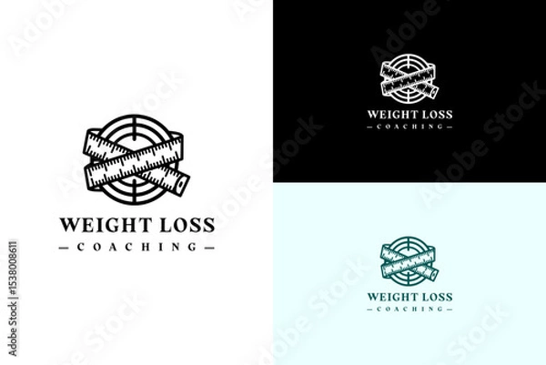 Fototapeta measuring tape wrapped around a circular target vector illustration, logo for fat loss, coaching, workout, exercise, gym, personal trainer, diet plan, health, wellness, weight loss coaching, and more
