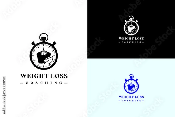 Fototapeta stopwatch with a small scale and leaf vector illustration, logo for coach, gym, personal trainer, running, fat loss, fitness, workout, exercise, diet plan, weight loss, and more