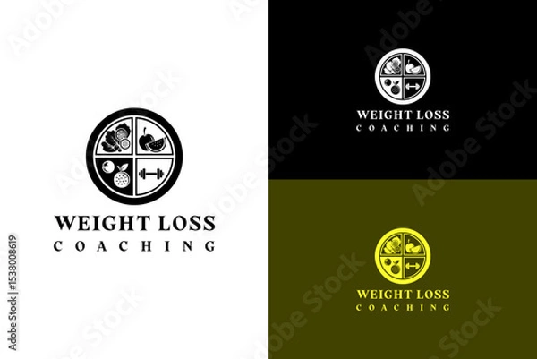 Fototapeta plate divided into sections with salad, fruit, and a dumbbell illustration, vector logo for keto diet, nutrition, diet plan, workout, gym, fat loss, health, weight loss coaching, and more