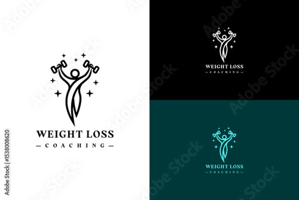 Fototapeta vector illustration of figure lifting light dumbbell with sparkles, logo for personal trainer, coach, gym, workout, exercise, wellness, diet plan, fitness, health, weight loss, fat loss, and more