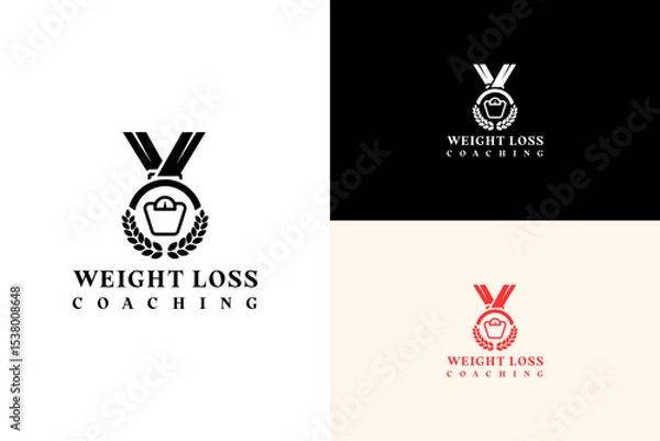 Fototapeta illustration of medal with a scale symbol in the center, vector logo for fat loss journey, winner, achievement, personal trainer, gym, exercise, workout, diet plan, weight loss coaching, and more