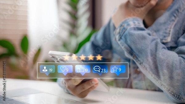 Obraz A man using smartphone with social media notification icons for likes, followers, and reviews. Modern digital marketing and online reputation management concept in a connected world.