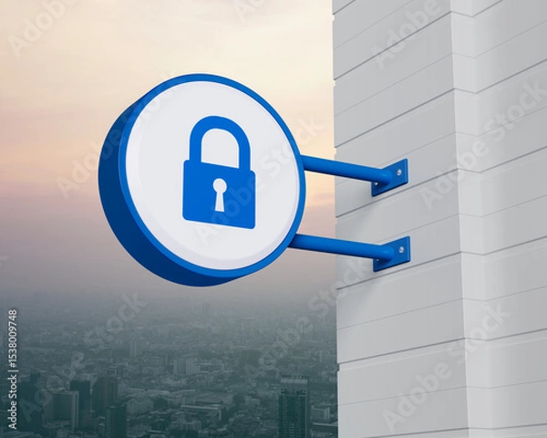 Fototapeta Padlock icon on hanging blue rounded signboard over city tower and skyscraper at sunset sky, vintage style, Technology internet security and safety online concept, 3D rendering