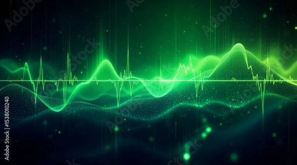 Fototapeta Abstract Green Sound Wave Visualizer with Data Points and Vertical Lines