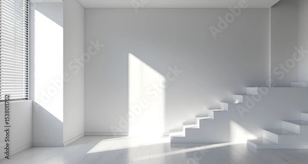 Fototapeta Minimalist White Room with Stairs and Sunlight Streaming Through Window Blinds