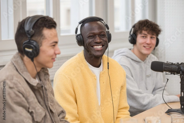 Fototapeta diverse group of young migrants passionately discussing their stories in modern podcast studio