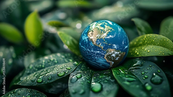 Obraz Close up photo of the Earth resting in lush green foliage covered in water droplets. The imagery suggests environmental care.