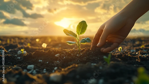 Obraz A tender hand gently cups a verdant sprout emerging from fertile soil. Against a backdrop of a sun-drenched field, it symbolizes growth.