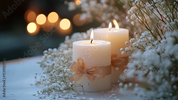 Obraz Two lit candles decorated with ribbons and baby's breath flowers create a soft and romantic light. This image is meant to evoke feelings of peace, warmth, and celebration.