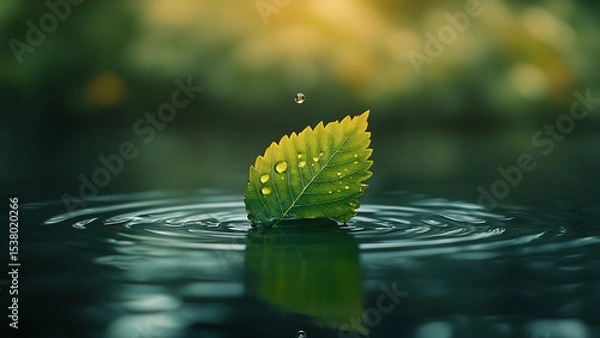 Obraz A green leaf sits on rippling water, reflecting the blurred background, representing a natural, calm scene.