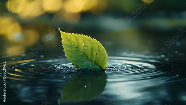 Obraz A green leaf sits on rippling water, reflecting the blurred background, representing a natural, calm scene.