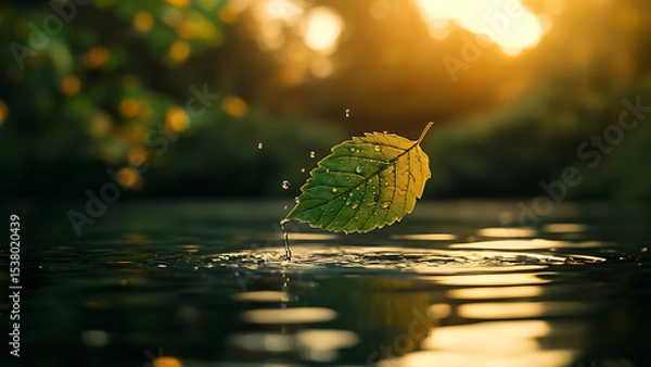 Obraz A green leaf falls into the calm waters, creating ripples against the blurry sunlight