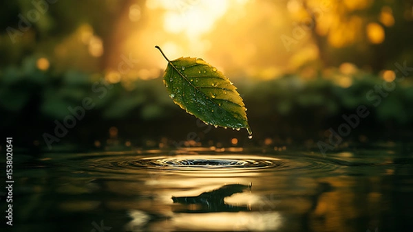 Obraz A green leaf falls into the calm waters, creating ripples against the blurry sunlight