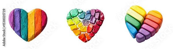 Fototapeta Three colorful hearts expressing love, joy, and inclusivity. They are formed using an array of vibrant, artistic, textured materials, creating a heartwarming display of affection and unity.