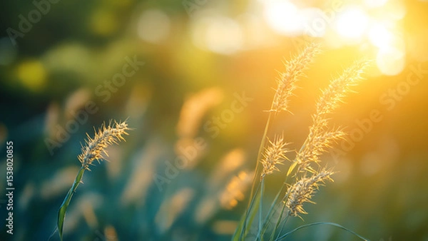 Obraz Sunlight shines on wild grass, illuminating its wispy seed heads. This close-up image may be suitable for summer and nature content.