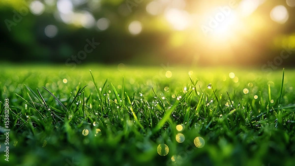 Obraz A vibrant green grass lawn sparkles with morning dew. Taken from a low angle, the focus is on the grass with the sun blurred in the background.