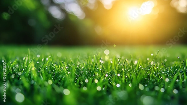 Obraz A vibrant green grass lawn sparkles with morning dew. Taken from a low angle, the focus is on the grass with the sun blurred in the background.