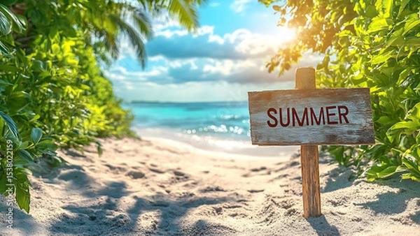 Obraz Summer themed image of a beach with calm blue ocean. A wooden sign in the foreground reads "SUMMER".