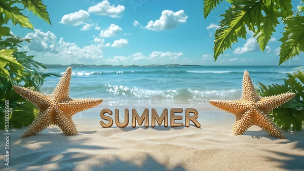 Obraz A tranquil beach scene with the word "SUMMER", Starfish resting on the sand, framing the tranquil seascape.