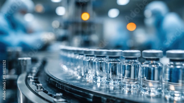 Fototapeta Medical ampoules moving in precise alignment on automated line inside cleanroom, workers in protective suits in background, concept of safe drug manufacturing