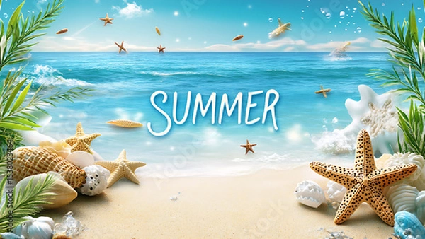 Obraz "Summer" text overlaying a beach scene, shows turquoise waves, sand with starfish and shells, and palm fronds on either side.