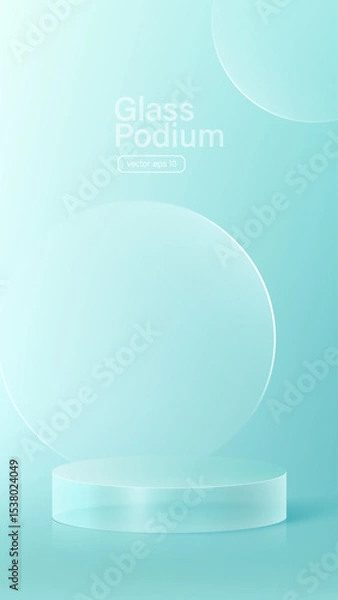 Obraz 3D glass transparent crystal. Empty cylindrical pedestal. 3D cylinder and cube glass platforms set background. Vector realistic illustration of transparent plastic round and square