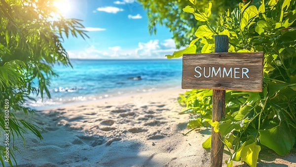 Obraz Summer themed image of a beach with calm blue ocean. A wooden sign in the foreground reads "SUMMER".