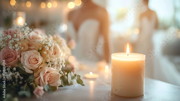 Obraz The image shows an elegant table setting with lit candles and a beautiful bouquet of pink roses and baby's breath. A bride is seen in the background, ready for her special day.