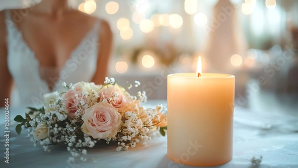 Obraz The image shows an elegant table setting with lit candles and a beautiful bouquet of pink roses and baby's breath. A bride is seen in the background, ready for her special day.