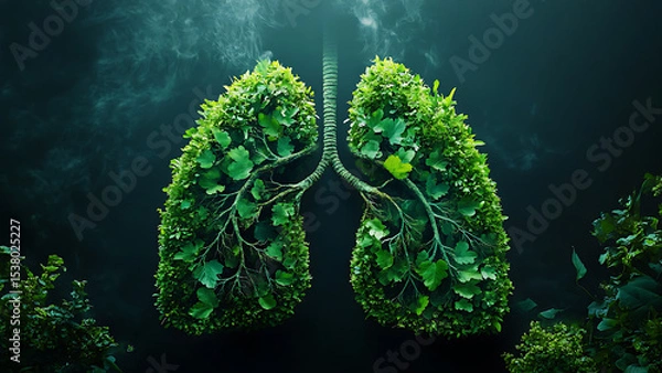Obraz The lungs are artistically depicted with leaves, emphasizing respiratory health. This image conveys the connection between nature and clean air.
