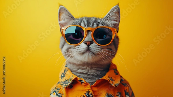 Obraz Cool cat! An adorable gray tabby wears sunglasses and a tropical shirt, posing in front of a vibrant yellow backdrop. Perfect for a fun and lighthearted vibe.