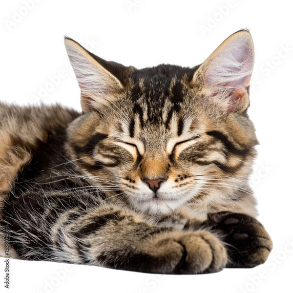 Obraz Portrait of a cute domestic tabby cat with green eyes on a white background