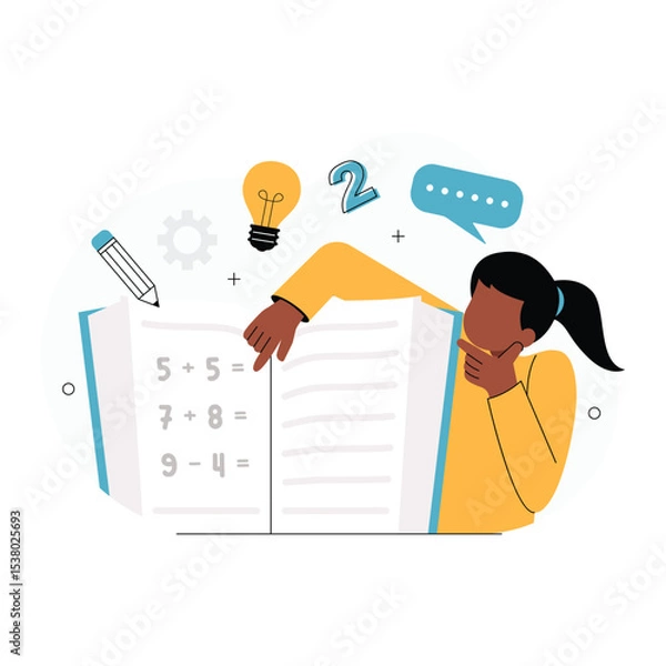 Fototapeta Student Solving Math Problems Illustration. Vector illustration of a student focusing on solving basic math equations in a workbook