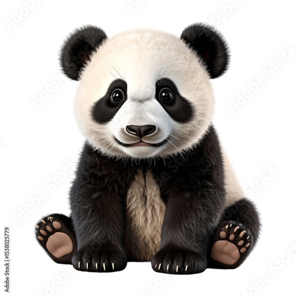 Obraz Front view of a cute baby giant panda bear, a black and white mammal, isolated on a white background