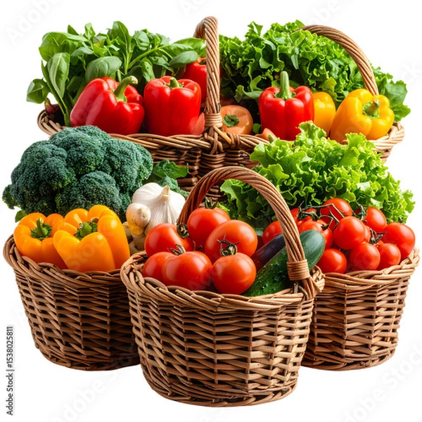 Obraz Fresh organic vegetables like tomatoes, peppers, and broccoli overflowing from a basket