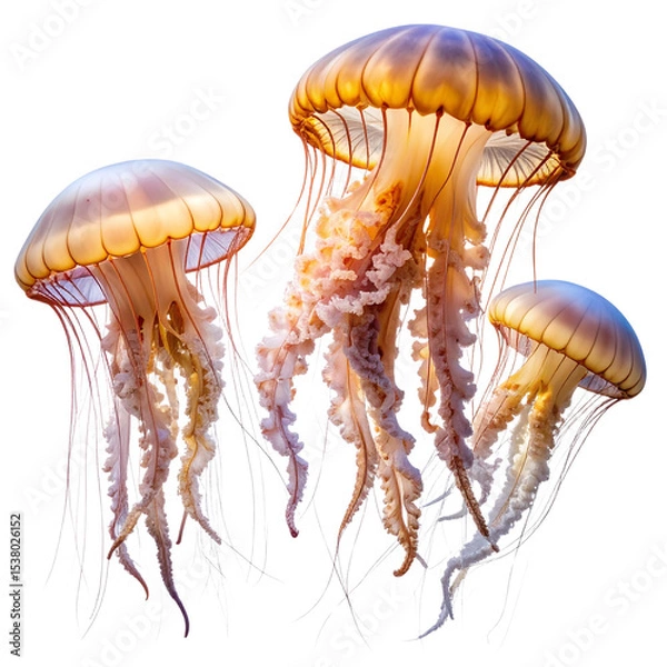 Obraz Mushroom on black, glowing sea jellyfish with flowing tentacles in deep blue water